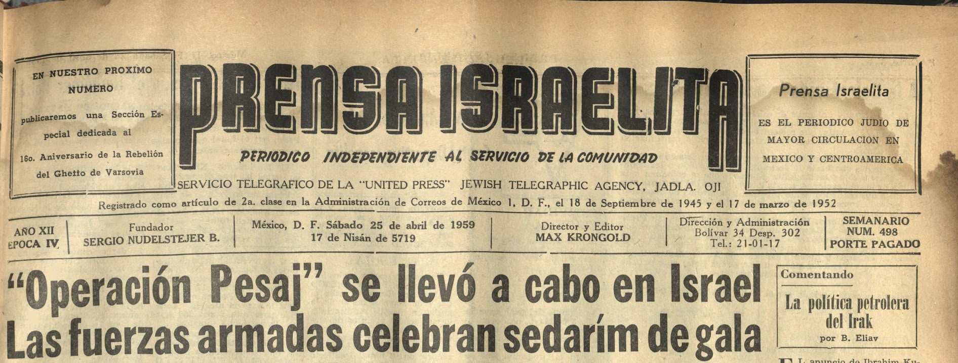 Portada de Prensa Israelita, 25 de abril de 1959